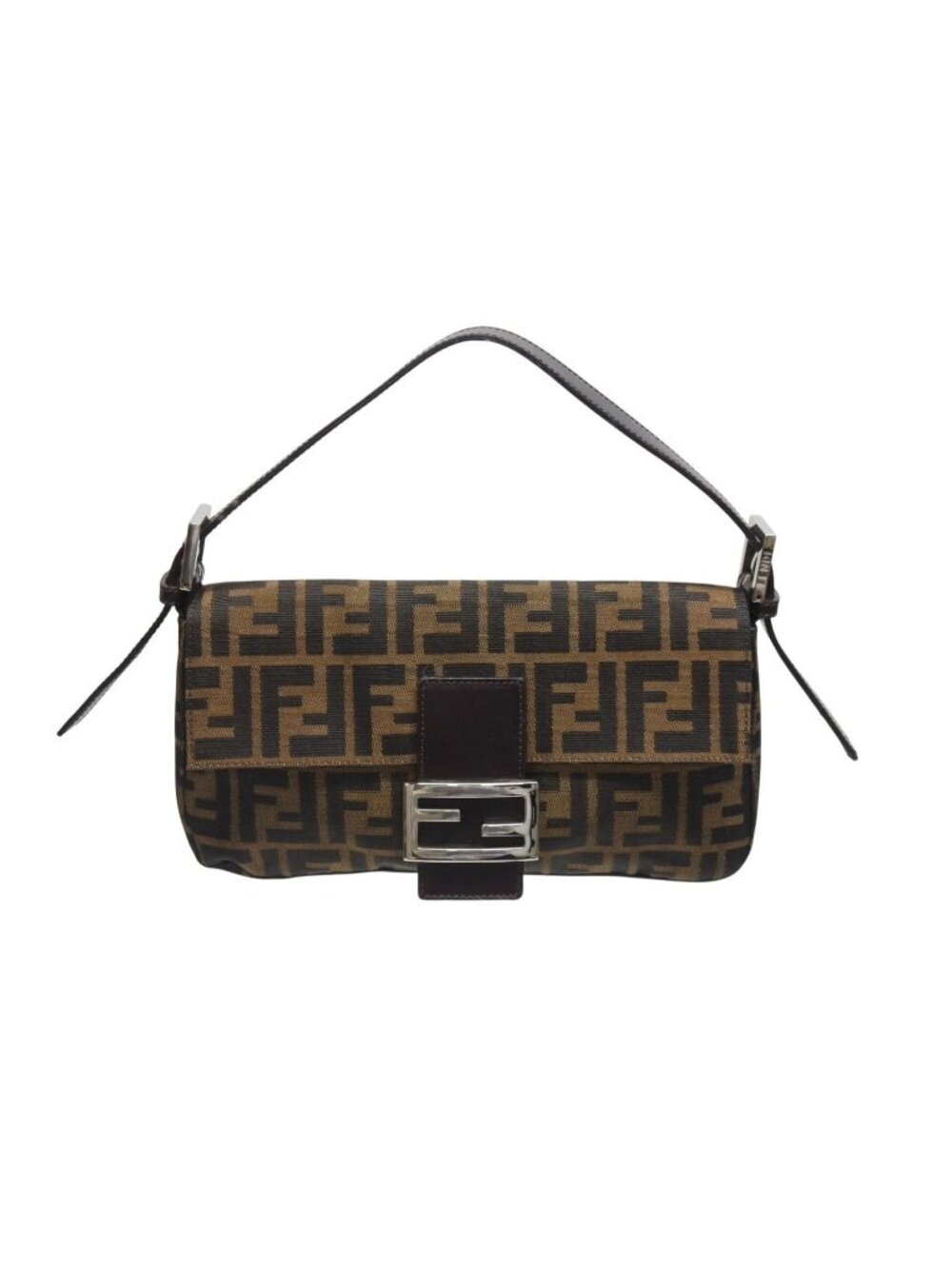 Fendi Mamma Baguette Bag Zucca Pattern Canvas Leather Brown Silver